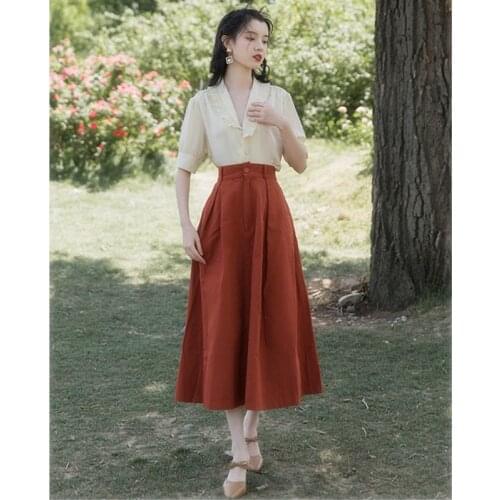 2021 Summer French Retro Two Piece Set Women Ruffled Sweet Cute Blouse + Solid Color Literary Vintage Skirt Sets