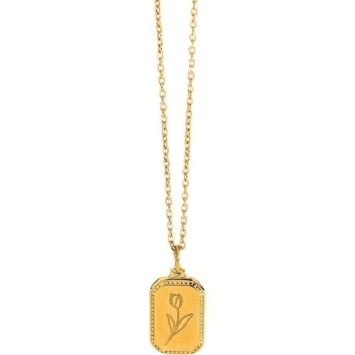 Retro Square Rose Flower Pendant Necklace For Women Minimalist Steel Woman jewelri ​Stainless Steel Choker Neckalce Accessories