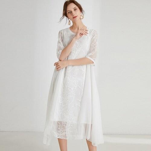 Summer new women Elegant dress loose fashion Chiffon patchwork embroidered dresses Office lady short sleeve emipre waist dress