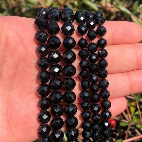 6/8mm Natural Faceted Black Tourmaline Stone Beads Round Loose Beads for Diy Bracelet Accessories Jewellery Making 7.5