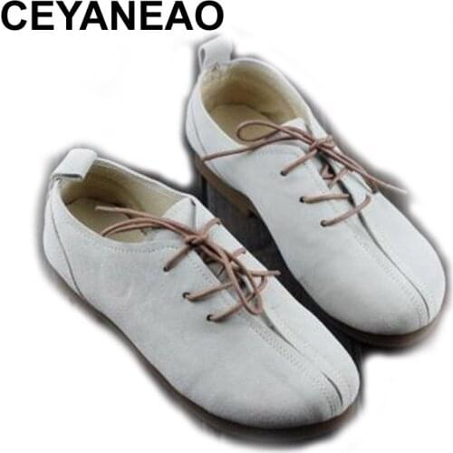 CEYANEAOShoes Woman Flat 100% Genuine Leather Ladies Flat Shoes Round toe Lace up Women Sneakers Female Casual Footwear w9851-1