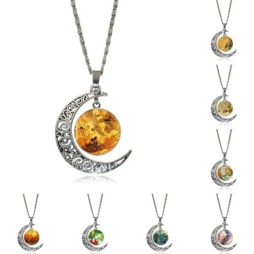 EJ Glaze For Child Vintage Jewelry Silver Color Glass Cabochon Choker Crescent Moon Pendant Long Necklace Wild Swans story