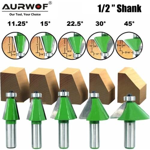 LAVIE 5pcs 12MM 1/2" Shank Chamfer Router Bit 11.25 15 22.5 30 45 Degree Milling Cutter for Wood Machine MC03233