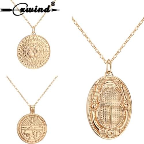 Cxwind Cartouche Scarab Beetle Pendant Necklace Chain Chokers Necklaces for Women Girl Statement Sanskrit Coin Necklaces Jewelry