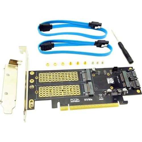 3 in 1 NGFF and mSATA SSD Adapter Card M.2 NVME to PCIe 16X/M.2 SATA SSD to SATA III/mSATA to SATA Converter+2 SATA Cable Raiser