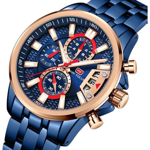 MINI FOCUS Fashion Men Watches Stainless Steel Luxury Brand Quartz Wristwatch Waterproof Sport Male Clock Relogio Masculino Blue