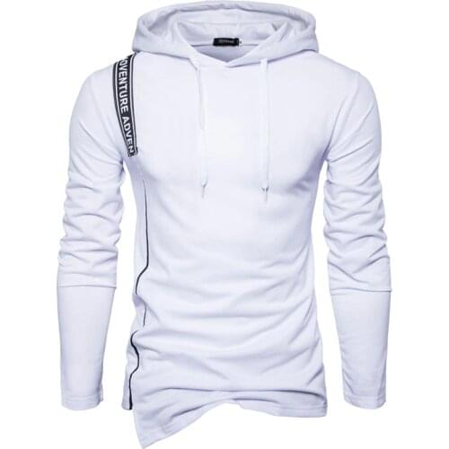 Mens Hooded Sweatshirt Long Sleeve Solid Color Pullover Hoodies Casual Slim Type Light Weight Tops with Irregular Hem