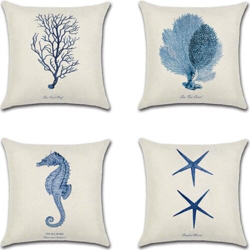 4PCS Marine Life Cushion Cover Coral Hippocampus Seaweed Pillowcase for Sofa Starfish Pillow Case Decorative Pillowcases Cover