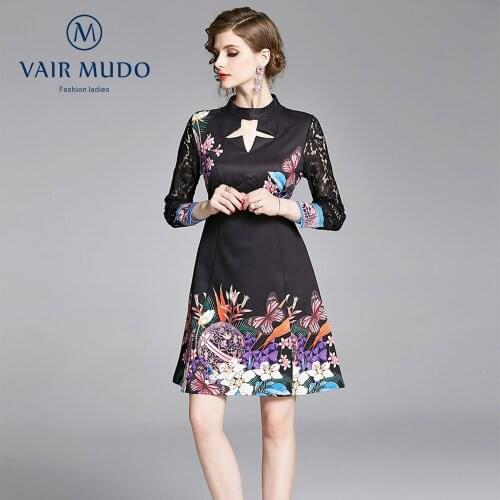 Spring Autumn New Womens Dress Blended Printing Stitching Lace Long-Sleeved Waist Fashion Ladies With Female Dress Women Y-140