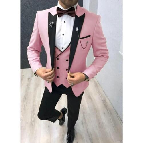 New Arrival Men Suits Pink and Black Groom Tuxedos Peak Lapel Groomsmen Wedding Best Man ( Jacket+Pants+Vest+Tie ) D30