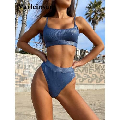 New Sexy Shiny Ribbed High Waist Bikini Female Swimsuit Women Swimwear Two-pieces Bikini set Bather Bathing Suit Swim Lady V2898