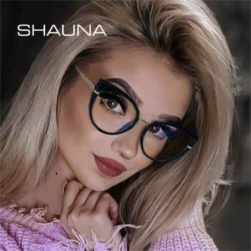 SHAUNA Retro Cat Eye Clear Anti Blue Light Women Eyeglasses Frame Fashion Spring Hinge Men TR90 Metal Optical Glasses Frame