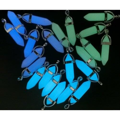 Wholesale 24pc/lot Glow In The Dark Luminous Stone Pendant Moonstone Natural Quartz Stone Pendulum Charm Hexagonal Free Shipping