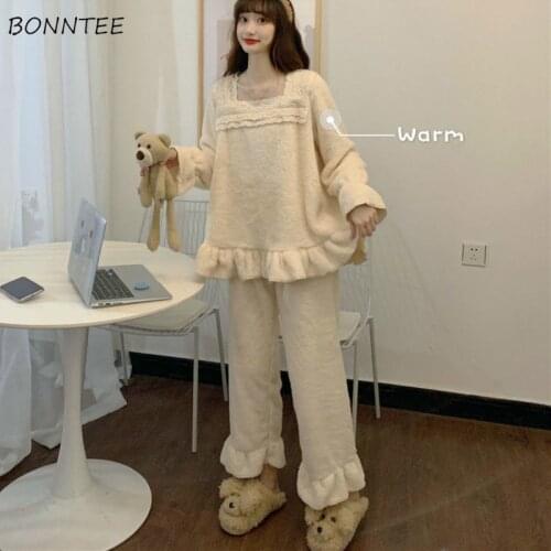 Pajama Sets Women Square Collar Sweet Lace Bow Long Sleeve Loose Princess Style Home Wear Girls Soft Warm Kawaii New Chic Winter