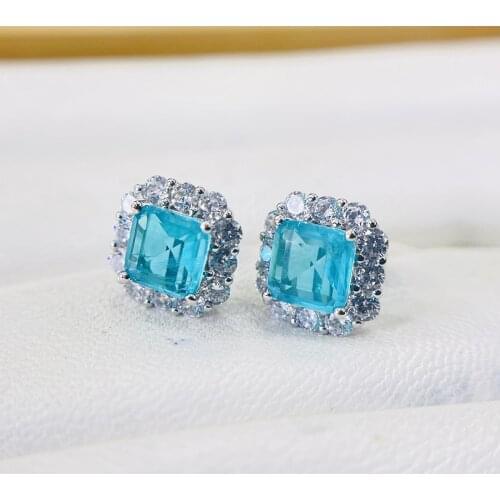 QTT Classic Square Stud Earrings for Women Small Paraiba Emerald Tourmaline Gemstone Women Studs Ear For Party Earrings Jewelry