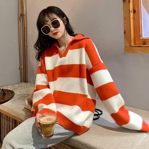 Loose Casual Japan Style Lapel Striped Pullovers Sweater Women Long Sleeve Knitted Shirts Top Pull Femme Autumn Sueters Mujer