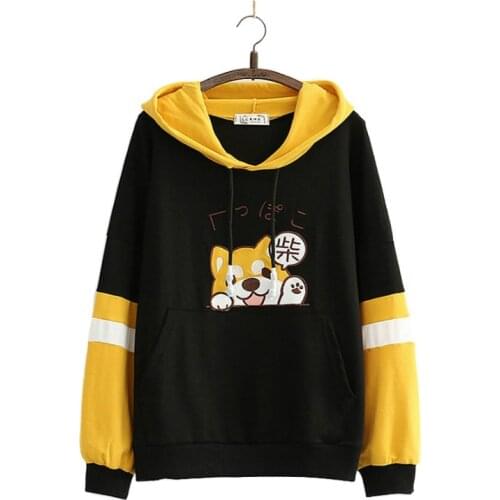 Women Cotton Hoodies And Sweatshirt Cartoon Dog Embroidery Patchwork Hooded Pullover For Sweet Style Girl Drawstring Tracksuits