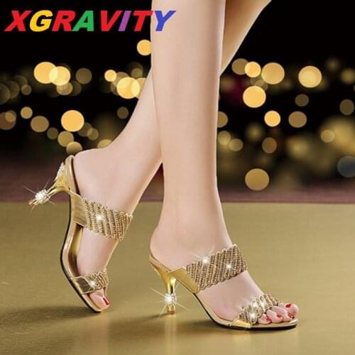 XGRAVITY New Fashion Casual Slides Leisure Rhinestone Women High Heel Pumps Sexy Ladies Crystal Footwear Thin Heel Shoes Girls