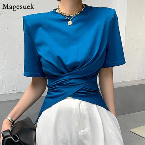 2021 Summer Fashion Women T-shirts Short Sleeve Cotton T Shirt Lady White Tees Cross Lace Up Elegant Woman Tshirts Mujer 15918