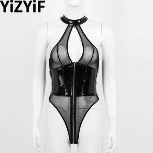 Women Hot One-piece Leotard Bodysuit Wet Look Patent Sheer Mesh Splice Sexy Bodysuit Lingerie Night Party Costume Sexy Clubwear