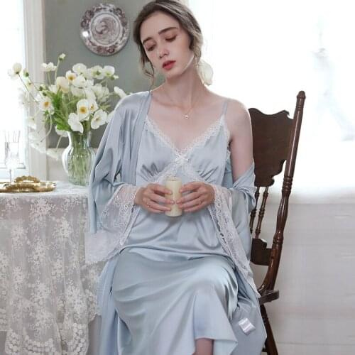 Sexy Satin Lace Robe Set 2PCS Women Summer Solid Kimono Gown Thin Long Sleeve Sleepwear Strap Nightie Casual Sweet Home Clothing