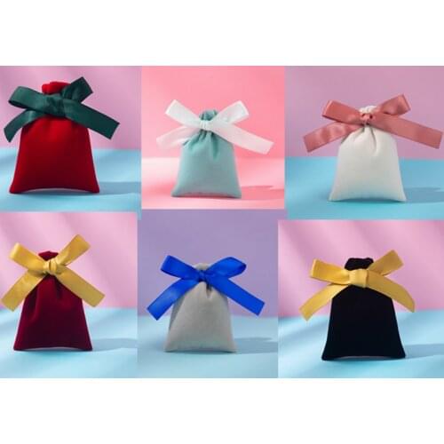 20PCS Fashion Velvet Drawstring Customized Jewelry Packaging Bowknot Pouches Wedding Gift Bags Flannel Cosmetic Bags