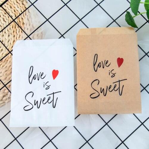 25pcs Kraft Paper Love is Sweet Treat Favor Bags for Wedding Bride Shower Party Decorations Coffee Candy Popcorn Buffet Gift Bag