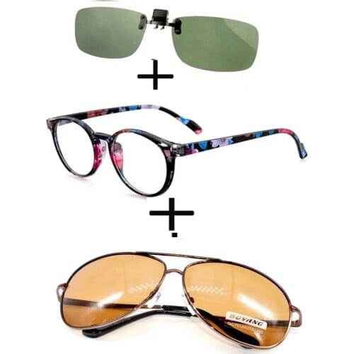 3Pcs!!! Round Luxury Retro New Trend Reading Glasses Men Women + Polarized Sunglasses Pilot Driving Fishing + Sunglasses Clip
