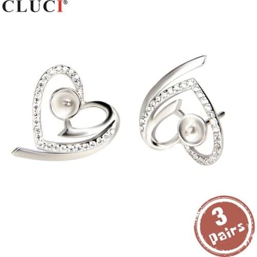 CLUCI 3 pair wholesale 925 Sterling Silver Stud Earrings for Women Silver Pearl 925 Earrings Mounting Heart Earrings SE029SB