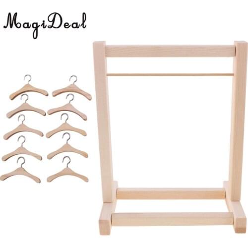 DIY Assembled Wooden Clothes Hanging Shelf and 10 Pieces Clothes Hook Hanger for 12'' Blythe Dolls