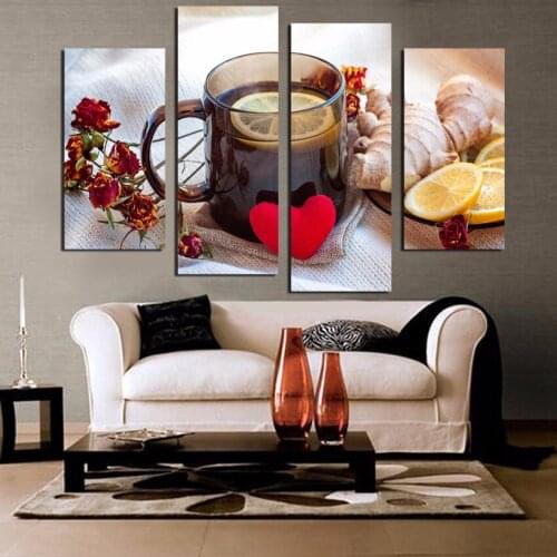 Hot Sale 4 Panels Canvas Print Fruits Lemon Tea Painting For Kitchen Living Room Wall Art Picture Home Decoration Unframed