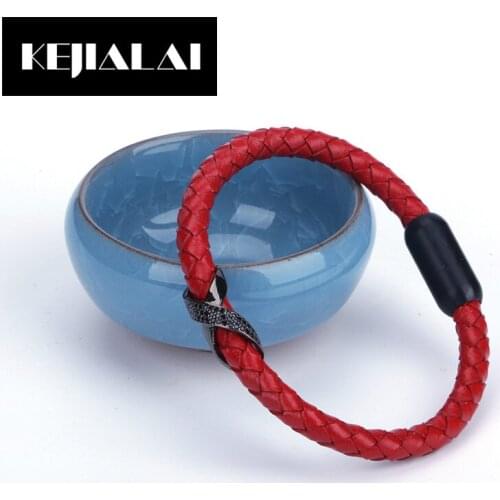KEJIALAI Fashion Leather Bangle Men Jewelry Punk Bristband Pulseiras Geniune Leather Paved with Black Zirconia Best Bracelet
