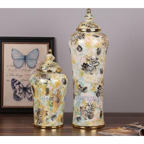 Retro Ceramics Storage Jar with Cover Vase Golden Handmade Modern Home Desktop Crafts Furnishings Storage Organization