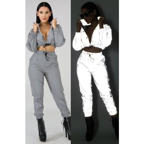 2 piece set flash reflective Button long sleeve Sweatshirts Tracksuit Sweatshirt Sweat Suit women sport pants W3