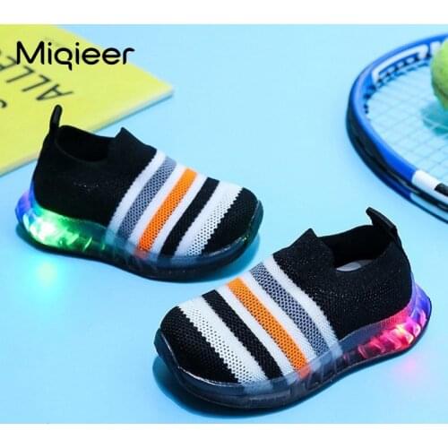 Kids Shoes Children Sports Breathable Mesh Sneakers Spring Autumn Baby Girls Knit Running Shoes LED Lighted Soles Casual Sneaker