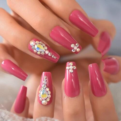 Violet Color Press On Nail Tips With Diamond Medium Ballerina Faux Ongles Photography Art Salon x24