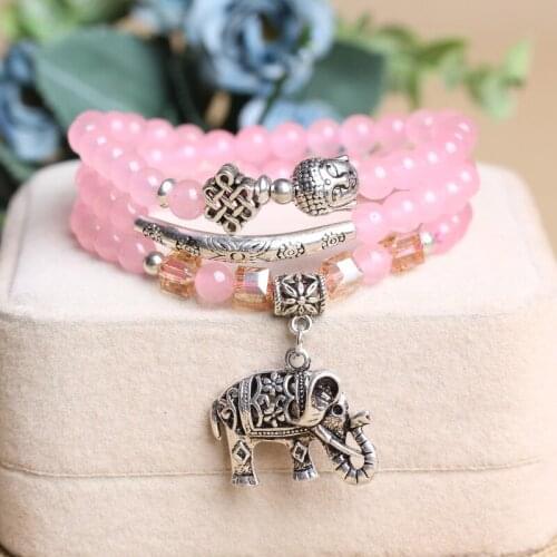 Natural Stone Rose Quartz with Coffee Crystal Beads Bracelet Buddha Elephant Pendent Lucky Women Handmade Yoga Jewelry