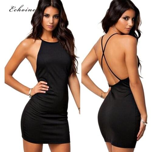 Echoine Bodycon Slim Dress Women Sexy Strappy Backless Fit Night Out Plain Black Modern Lady Summer Party Dresses Woman Outfits