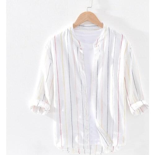 Top Quality Striped 100% Linen Three-Quarter Sleeve Shirt Men Summer Thin Breathable Flax Dress Shirt Camisa Masculina TS-613