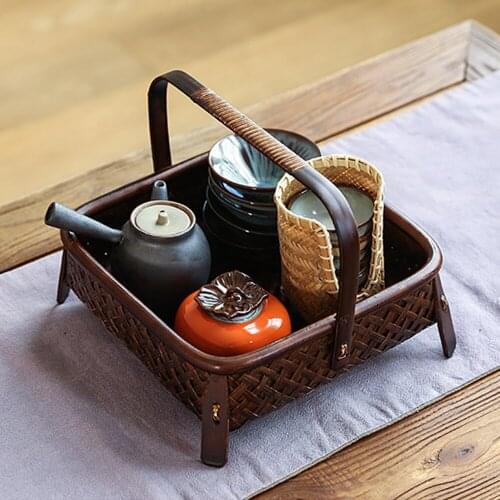 Portable Handheld Natural Bamboo Weave Storage Basket For Fruit Snacks Dessert Cake Durable Table Tea Set Box For Teacup Teapot