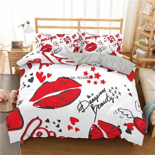 3D Print Red Kiss Lips Mouth Bedding Set Duvet Cover Set with Pillowcase Home Textiles Adults Polyester Single Queen King Size