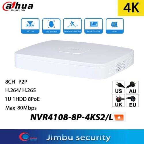 Dahua NVR network DVR NVR4108-8P-4KS2 Video Recorder 8CH Smart 1U 8PoE port 4K&H.265 Up to 8MP Resolution Max 80Mbps