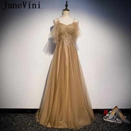 JaneVini Sexy A Line Evening Dress Gold 2019 Spaghetti Straps Lace Appliques Beaded Backless Tulle Dresses Vestido Noche Largo