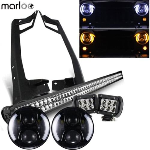 Marloo For Jeep Wrangler JK 7 Inch LED headlights White Halo With 52" 300W Led Bar & 18W Pods Work Light & Mounting brackets Set