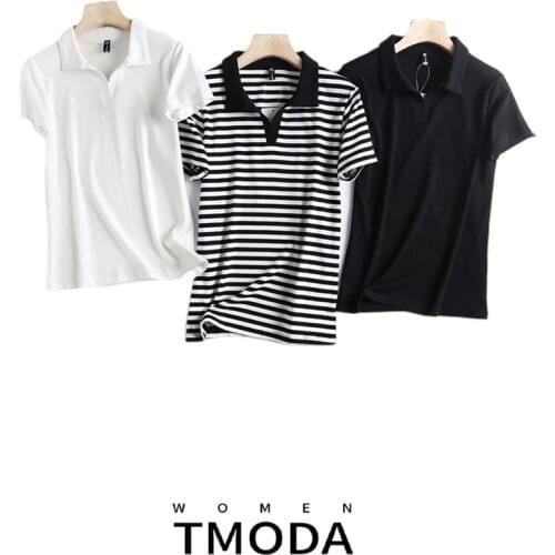 TMODA1273 2021 Summer Women Striped T Shirts Turn-down Collar Short Sleeve T-shirt Lady Casual Slim Tee Shirt Female Tops