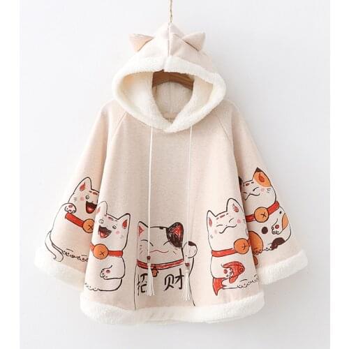 Cute Women Cape Coat Batwing Sleeve Japanese MORI GIRL Fall Winter Hooded Sweatshirt Tops Cashmere Thicken Cloak