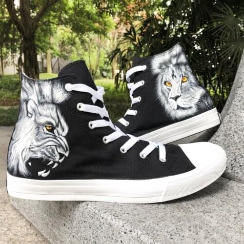 Wen Women Men Sneakers Original Design Lion Head Hand Painted Animal Shoes High Top Black Canvas Plimsolls Walking Shoes