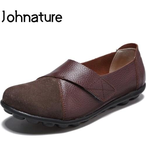 Johnature 2020 New Spring/autumn Round Toe Solid Sewing Hook&Loop Soft Sole Genuine Leather Comfortable Retro Womens Flat Shoes