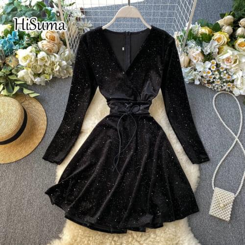 2021 spring new womens V-neck long sleeve sequins Drawstring velvet A-line dress female chic elegant waist dresses