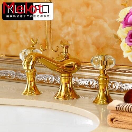Golden brass basin hot and cold faucet European bathroom washbasin three-hole antique faucet under the table basin